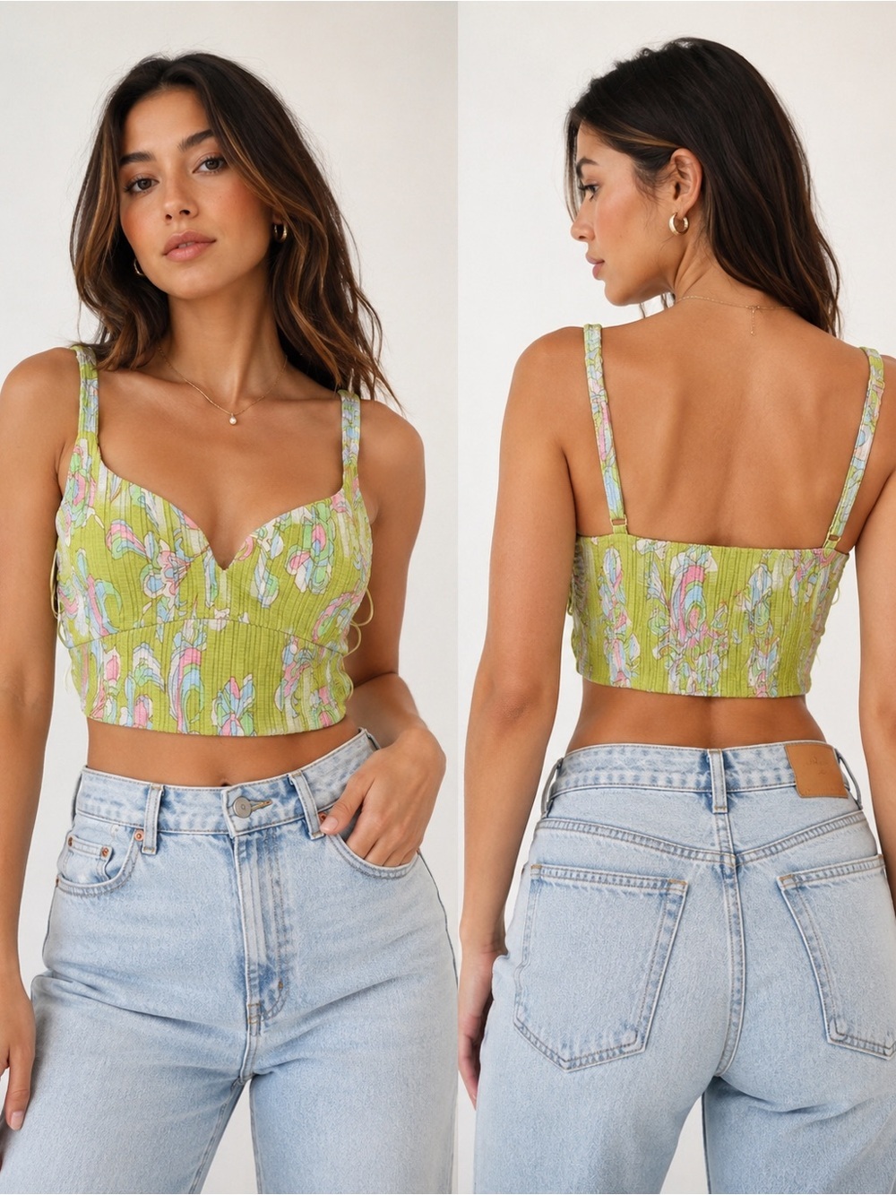 Zara Lime Green Abstract Print Textured Crop Top Bustier Size Small